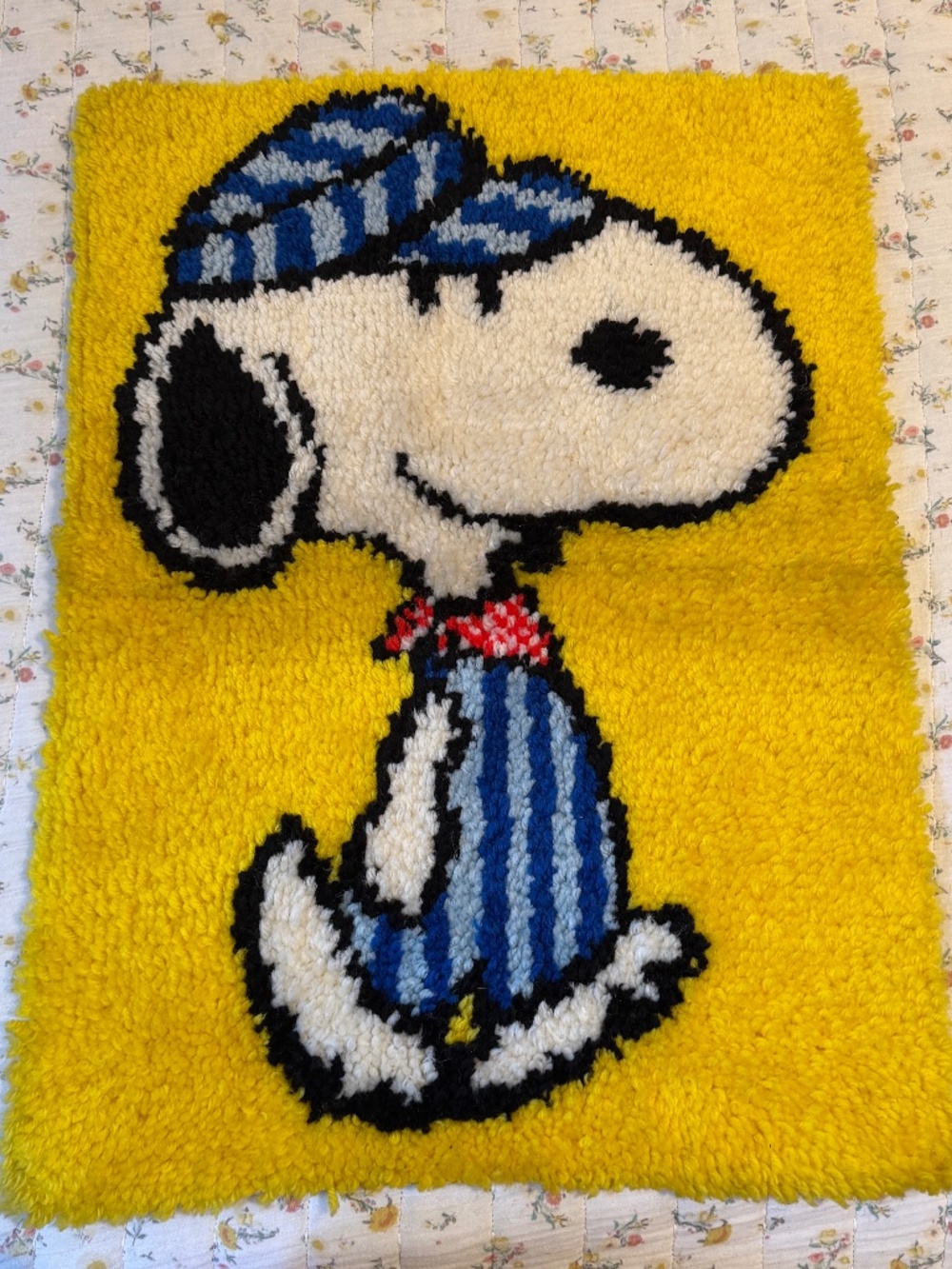 Vintage Snoopy Train Conductor Engineer Completed Latch Hook Rug 1970s 27x20"